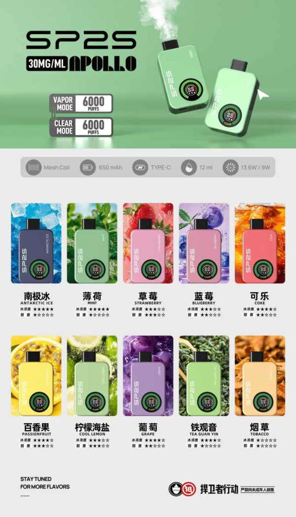 SP2S-APOLLO拋棄式-口味表.jpg 【SP2S 12000口 新款 抛棄式電子煙】雙模式(有煙& 無煙)
